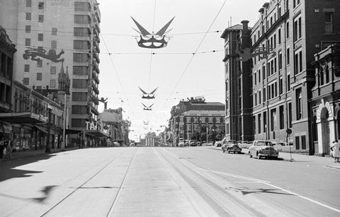 Street decorations in Melbourne during the royal tour of 1954