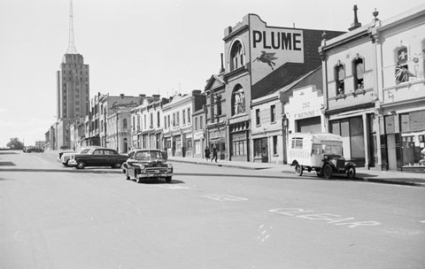 Decorations in Russell Street, Melbourne during the royal tour of 1954