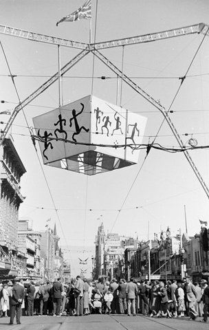 Street decorations in Melbourne during the royal tour of 1954