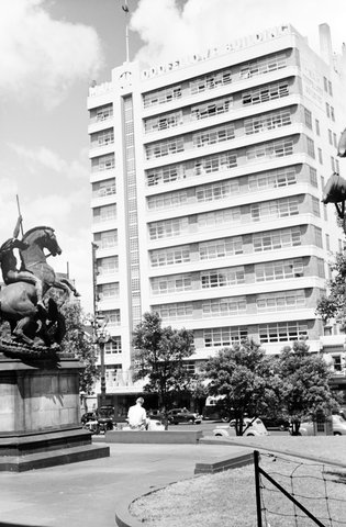 Oddfellows building viewed from forecourt of State Library of Victoria , Melbourne, 1954