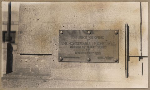Plaque commemorating the opening of the Spencer Street bridge, February, 1930 and general view of bridge, c. 1930