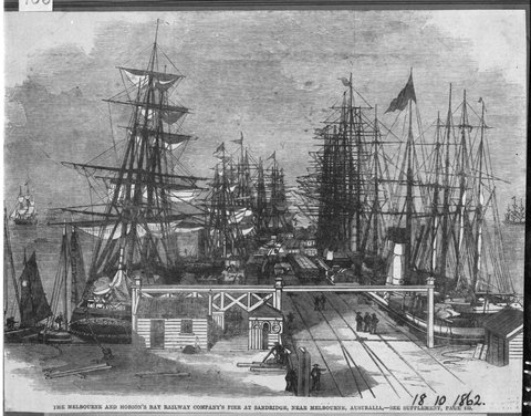 The Melbourne and Hobson's Bay Railway Company's pier at Sandridge, near Melbourne, Australia, 1862