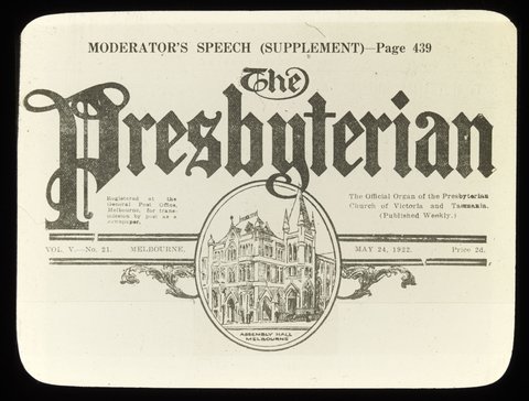 "The letterhead of The Presbyterian, the Assembly Hall, Collins Street. May 1922 issue", 1915–24