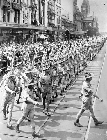 Military march in Melbourne, soldiers wearing tropical uniform, 1938–44