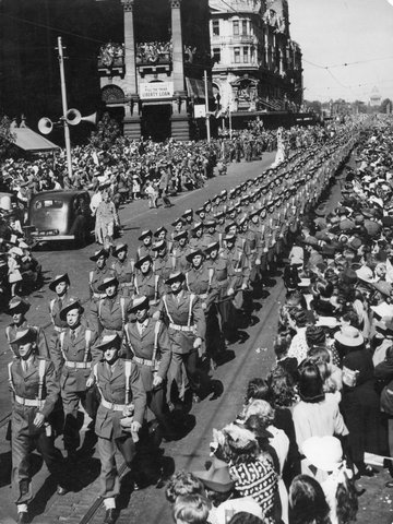 A.I.F. soldiers of the 9th Division in Swanston Street, during a march in Melbourne, 1943