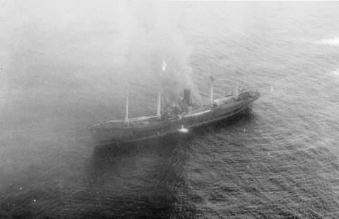 Attack by H.M.A.S. Canberra on German supply ship Coburg and the scuttling of the German captured Norwegian tanker Ketty Brovig after interception by H.M.A.S. Canberra, c. 1941