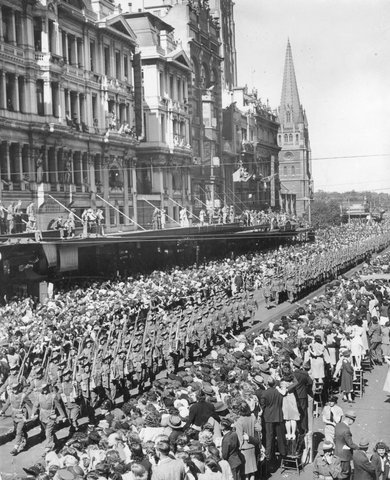 A.I.F. soldiers of the 9th Division in Swanston Street, during a march in Melbourne, 1943