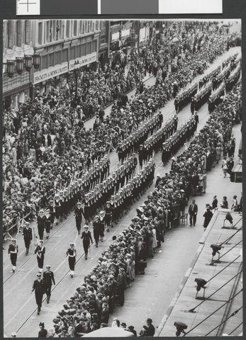 Overhead view of naval personnel marching along Bourke Street, 1946–49