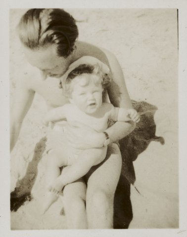 At St. Kilda, 9 months, 1945 Albert Tucker, Joy Hester and Sweeney Tucker on the beach, St. Kilda