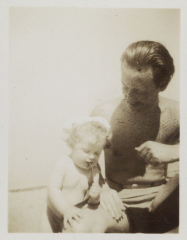 At St. Kilda, 9 months, 1945 Albert Tucker, Joy Hester and Sweeney Tucker on the beach, St. Kilda