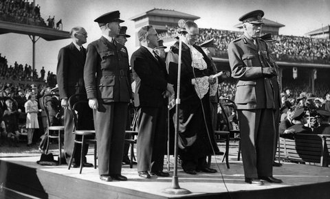 Military ceremony at Caulfield racecourse, c. 1941