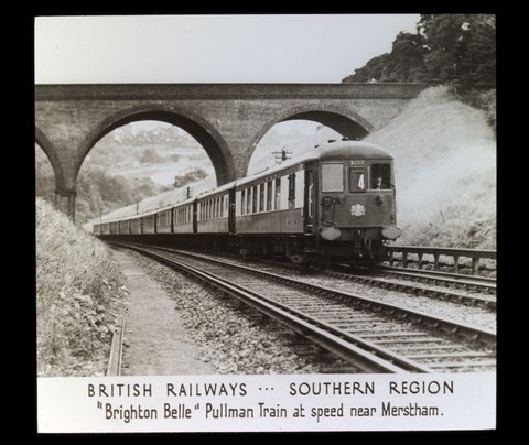 British Railways Southern Region "Brighton Belle" Pullman train at speed near Merstham, 1920–50
