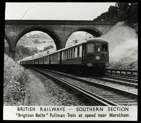British Railways Southern Section "Brighton Belle" Pullman Train at speed near Merstham, 1920–50