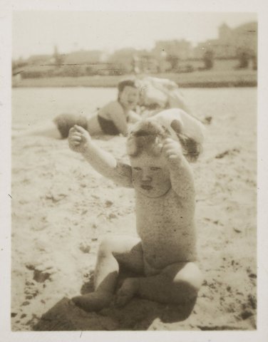 At St. Kilda, 9 months, 1945 Albert Tucker, Joy Hester and Sweeney Tucker on the beach, St. Kilda
