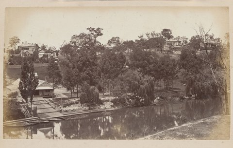 View of the Yarra from Hawthorn Bridge looking towards the Boat Wharf, 1870–80