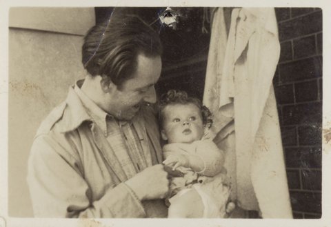 Tucker holding Sweeney on the balcony, Robe Street, St. Kilda, 1945–46