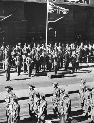 A.I.F. soldiers of the 9th Division in Swanston Street, during a march in Melbourne, 1943