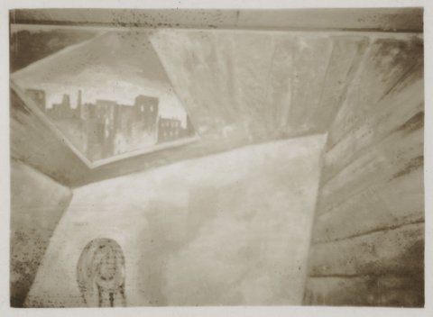Backdrop designed by Bert and Yossell [Yosl] Bergner, 1939, for Melb New Theater "Where's that bomb?"