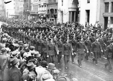 Air Force men marching in Collins St during todays march of fighting forces, c. 1941