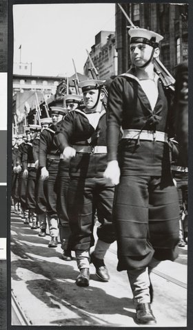 Australian sailors marching down Swanston Street on Trafalgar Day, 1946–49
