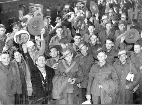Men who have seen service in Rabaul are shown as they arrived in Melbourne, 1943?