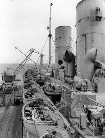 Starboard side life boats on the ship carrying the 2nd A.I.F., 1st Contingent, from Port Melbourne, c. 1940