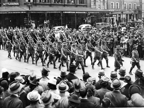Men of the A.I.F. Reserve as they march in the city of Melbourne, in Elizabeth Street, 1936–42