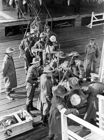 A.I.F. men of the 2nd contingent line up on the deck before embarking in Port Melbourne, 1937–43