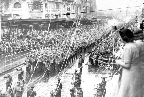 Australian servicemen marching down Swanston Street, past the saluting base at the Melbourne Town Hall, 1940–45
