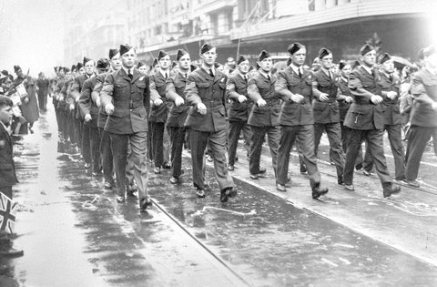 Military march in Swanston Street, Royal Australian Air Force passing saluting base, c. 1941