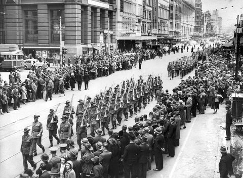 Men of the A.I.F. Reserve as they march in the city of Melbourne, in Elizabeth Street, 1936–42
