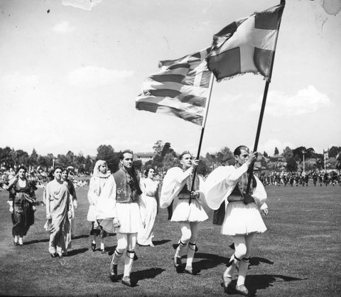 Greek national procession at the Allied Thanksgiving pageant at Como Park, Melbourne, c. 1944