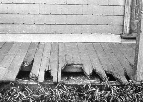 Collingwood. Dilapidated verandah floor, c. 1935