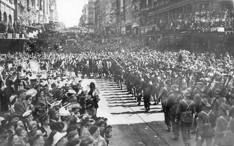 Military procession in Melbourne, Bourke Street and towards Elizabeth Street, 1943