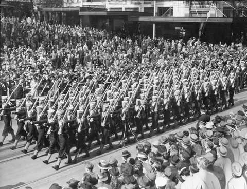 A.I.F. soldiers of the 9th Division in Swanston Street, during a march in Melbourne, 1943