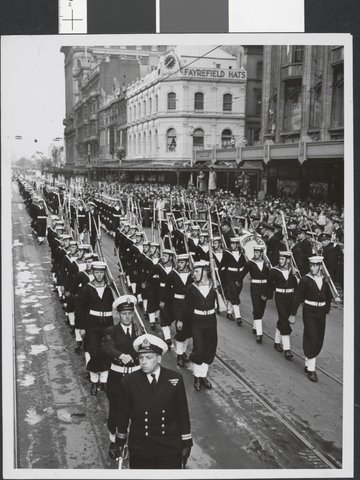 Australian sailors march up Swanston Street for Coral Sea Battle memorial march, 1946–49