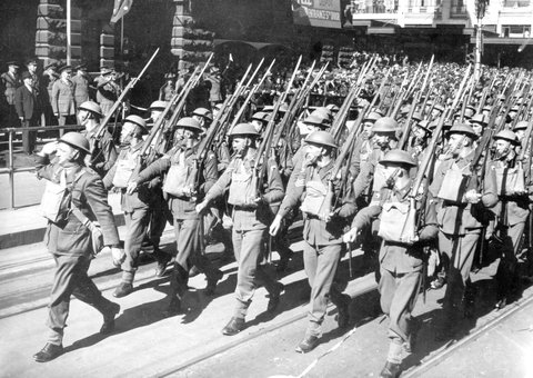 Australian servicemen marching past the saluting base outside the Melbourne Town Hall, Swanston Street, Melbourne, 1940–45