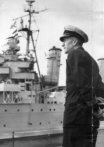 Lieutenant Commander R. Lane watching H.M.A.S. Australia leaving Port Melbourne for the last time, 1948–54
