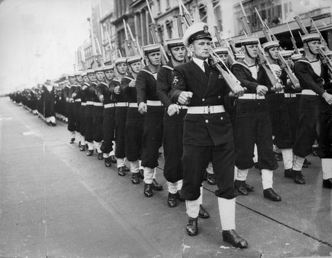 Men of the H.M.A.S. Cerberus marching down Bourke Street for Coral Sea Battle march, 1950–54