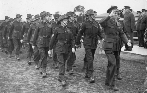 5th Battalion V.D.C. march past Lt. Gen. J.L. Whitham at church parade, Elsternwick Park, 1940–46