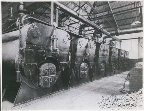 Interior of cable tram powerhouse, corner of Toorak Road and Chapel Street, South Yarra, Vic, c. 1916