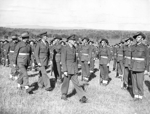 Army men from the 7th Division at drill at Watsonia in training for a Melbourne procession, 1944