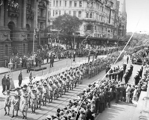 Australian soldiers marching in the streets of Melbourne, 1939–45