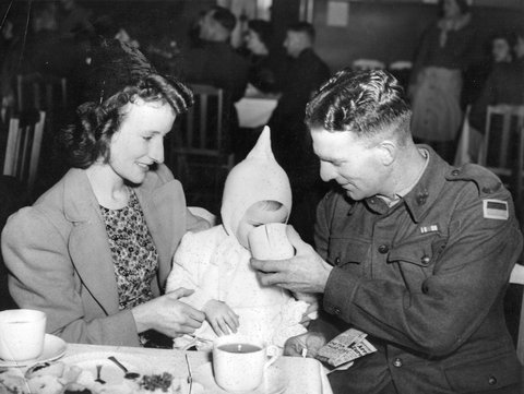 Pte. Max Barr from Koroit, Vic. with his niece Mrs. R. Nelms from Carlton and grandniece Joy Nelms, 16 months, c. 1945