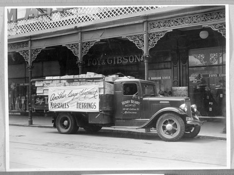 Henry Berry & Co. delivery truck outside Foy and Gibson, Melbourne, 1920–30