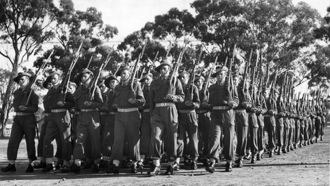National Service Trainees at Puckapunyal rehearsing for the big March Past in Melbourne next Thursday, c. 1952