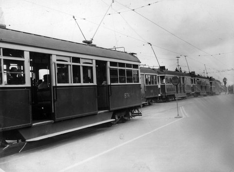Stationary trams in Swanston St. during air raid alert, c. 1942