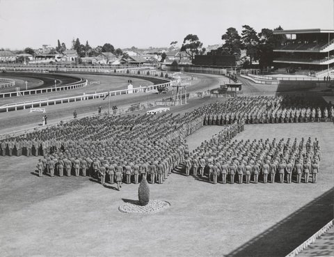 Military display at Caulfield Racecourse, c. 1940
