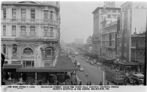 SWANSTON STREET, FROM THE TOWN HALL PORTICO, SHOWING PRINCE HENRY'S HOSPITAL & THE SHRINE, MELBOURNE, VIC, 1920–54