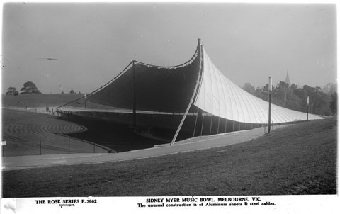 "SIDNEY MYER MUSIC BOWL, MELBOURNE, VIC. The unusual construction is of Aluminium sheets and steel cables.", 1920–54